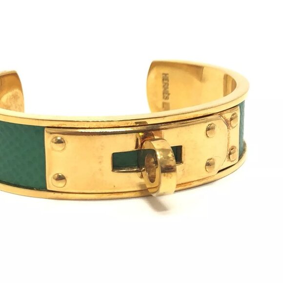 HERMES Kelly Bracelet Bangle Accessories Bangle Metal / Epsom Gold/Green - Picture 4 of 9